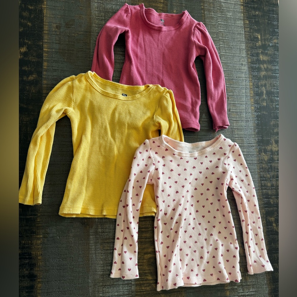 3 waffle weave long sleeve shirts size 3T  Pink Yellow &  Valentine’s Hearts
